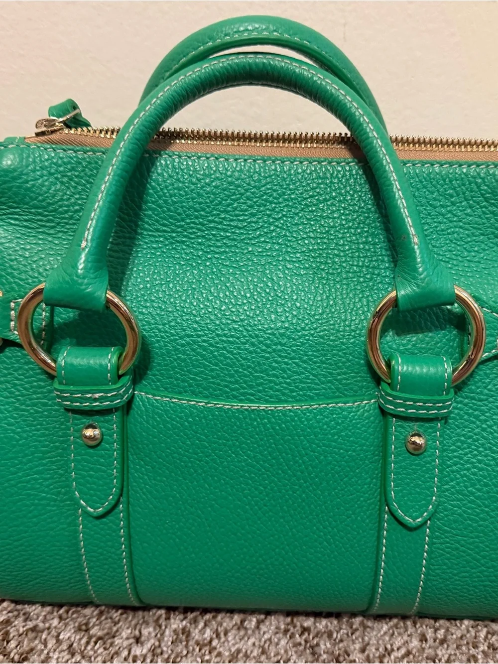 Dooney & Bourke Kelly Green Lucca Pebbled Leather Satchel with Gold Hardware